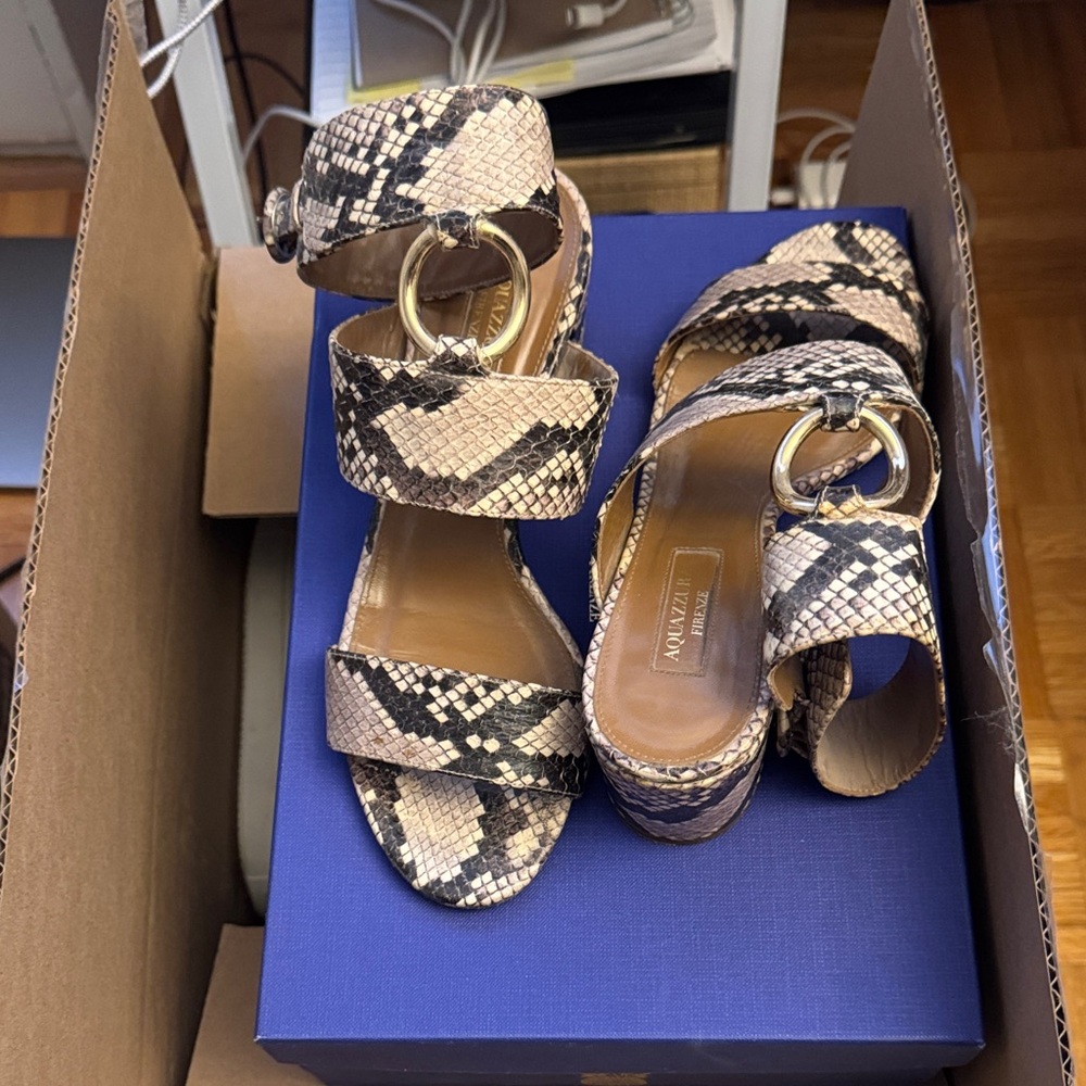 Aquazzura Snakeskin Sandals with Gold Accents